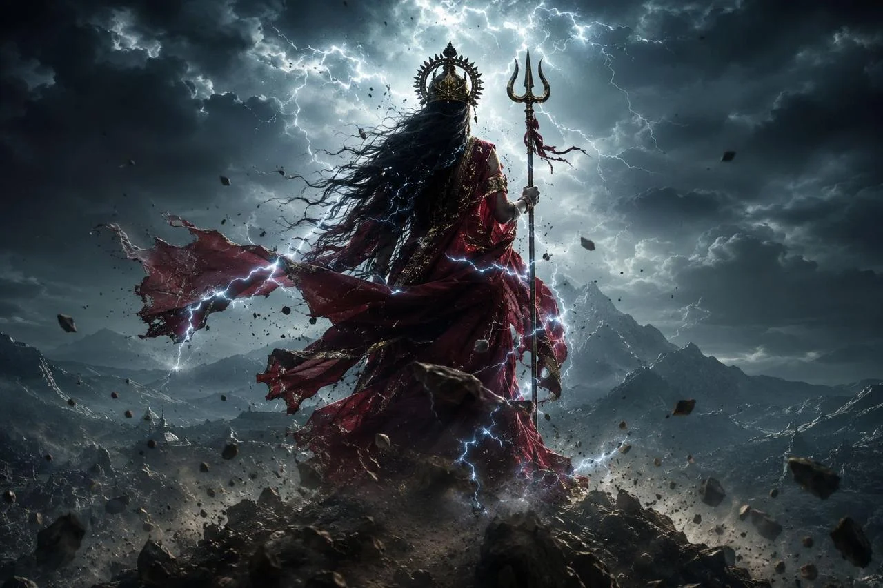 Ma Durga facing a lightning-filled sky above a mythic landscape
