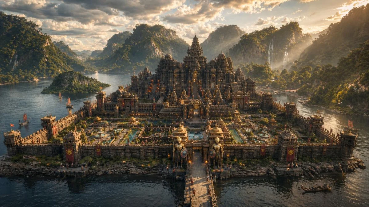 A vast temple kingdom surrounded by water and mountains