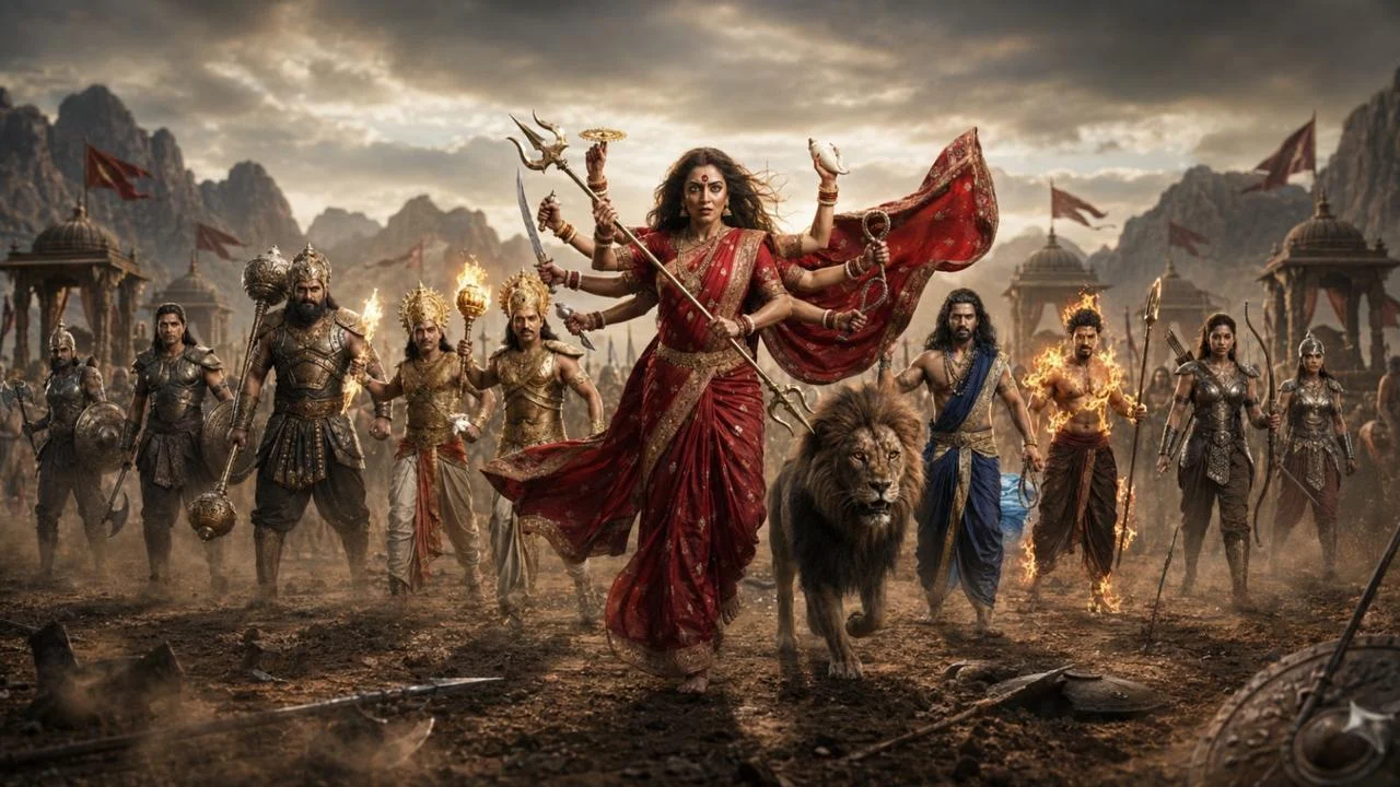 Ma Durga with a lion and an ensemble of mythological warriors on a vast battlefield